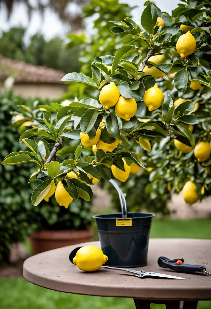 Lemon tree with yellowing leaves, gardening tools and a pH meter on a table in sunlight.