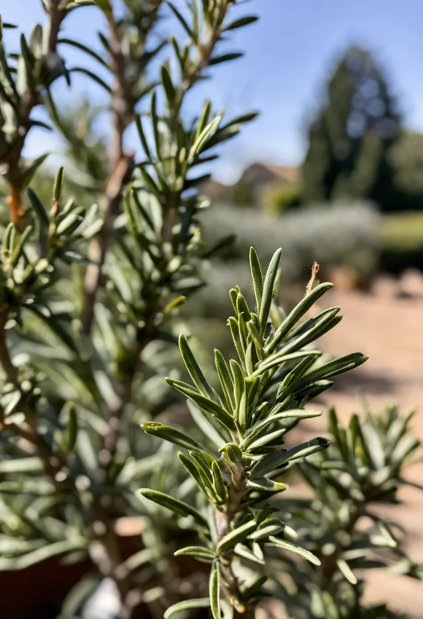 Close-up of a distressed rosemary plant with browning leaves and pests, alongside gardening tools.