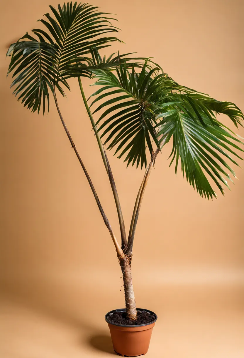 Indoor palm tree revival process: from drooping, brown leaves to healthier, greener state with care steps.