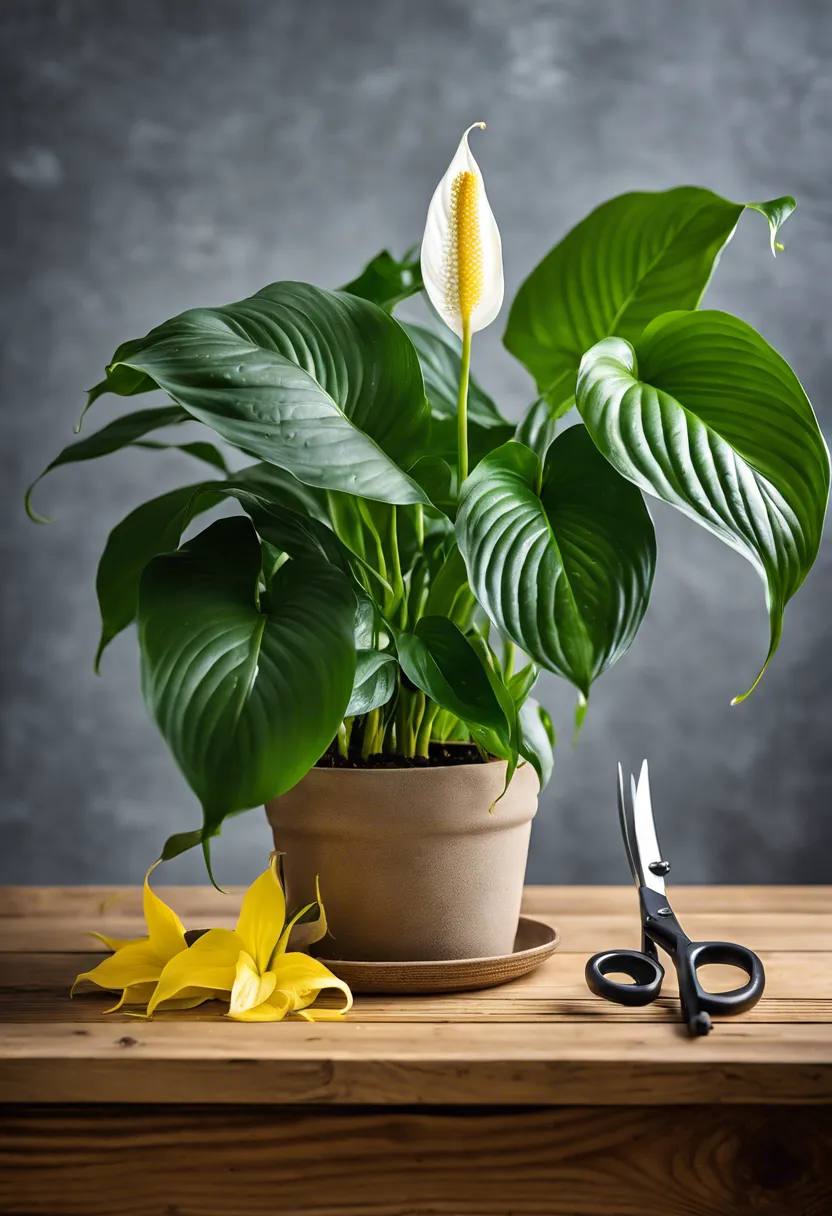 A peace lily with yellow and green leaves on a table, next to shears and a glass of water.