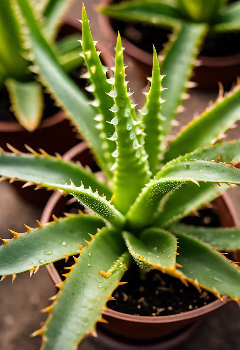 Aloe vera plant with pest damage, surrounded by neem oil, a brush, and cotton swabs for natural treatment.