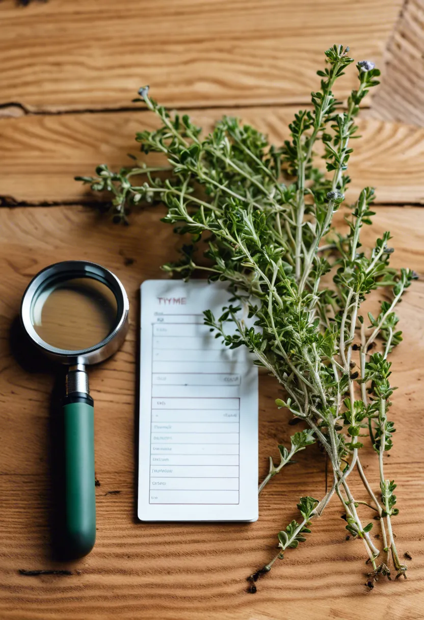 Close-up of a browning thyme plant on a wooden surface, with a magnifying glass, moisture meter, and notebook nearby.