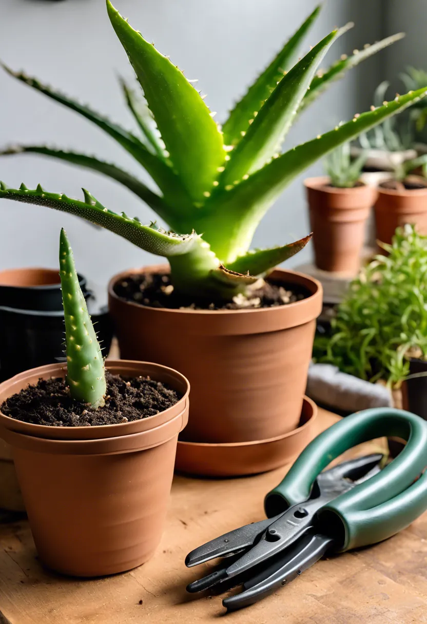 Aloe vera plant ready for transplanting, surrounded by gardening tools and a larger pot on a worktable.