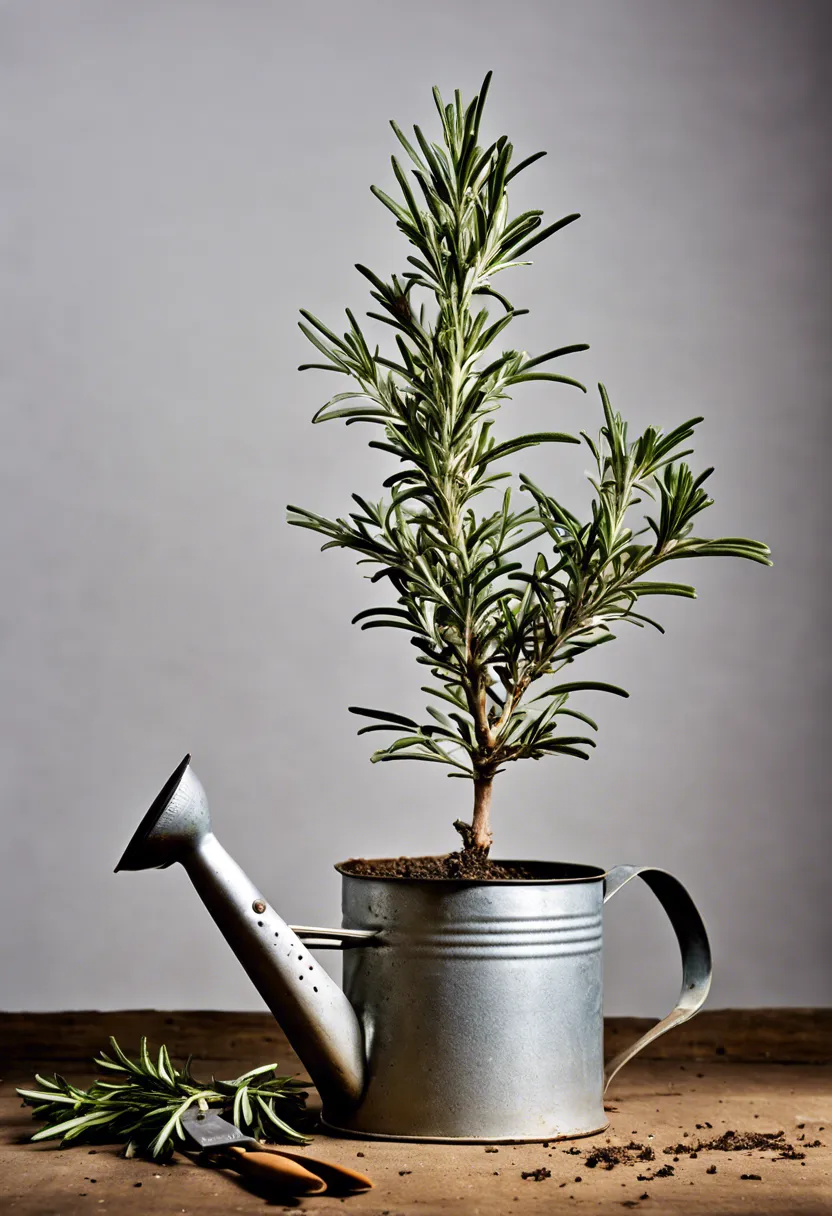 A distressed rosemary plant with browning leaves, surrounded by gardening tools, organic fertilizer, and a watering can.