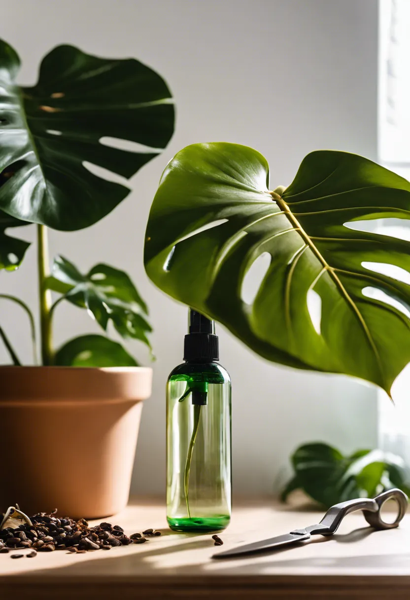 Close-up of a Monstera with brown leaves, next to a spray bottle, pruning shears, and fertilizer.