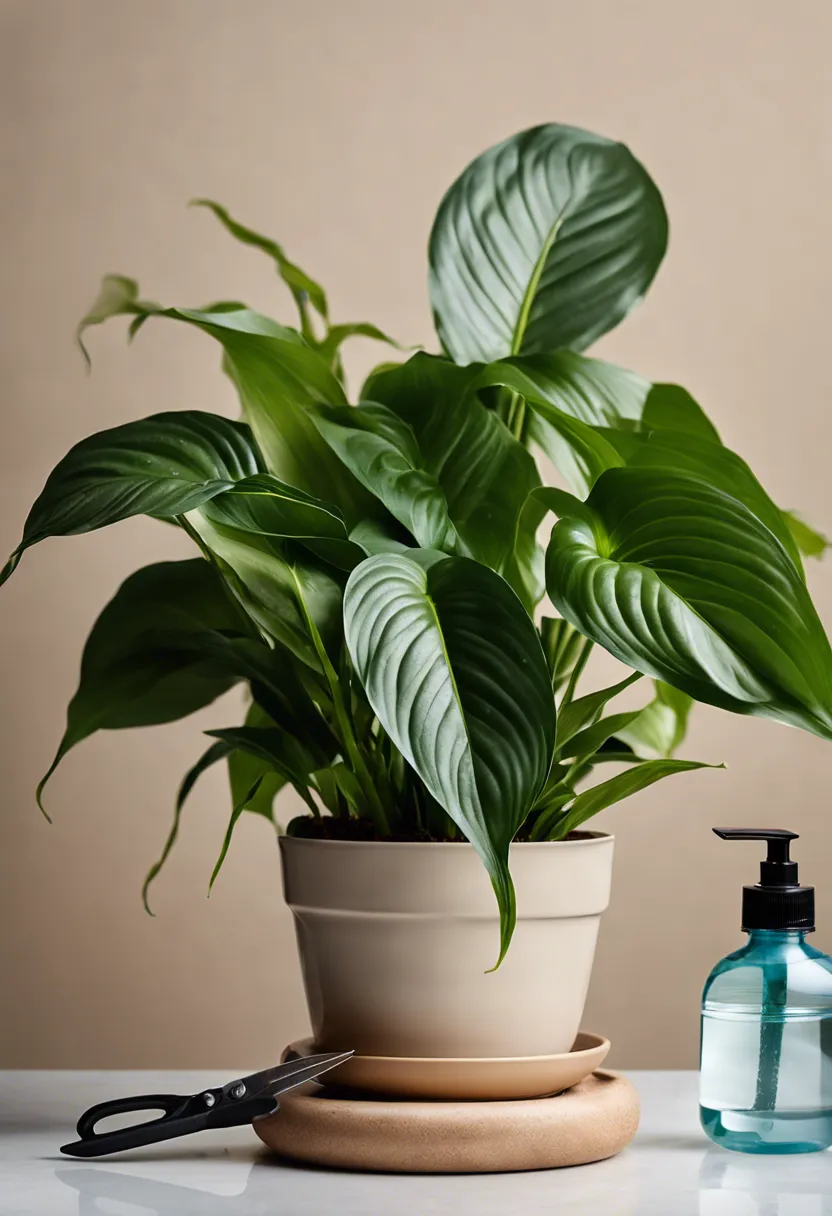 A peace lily with both healthy green and brown leaves, next to scissors and a spray bottle, on a neutral background.