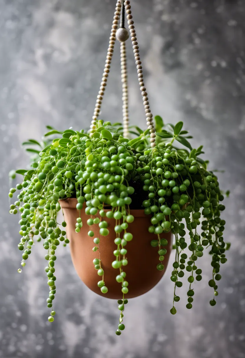 A String of Pearls plant with water droplets on leaves, hanging from a pot against a neutral background, with a small watering can nearby.