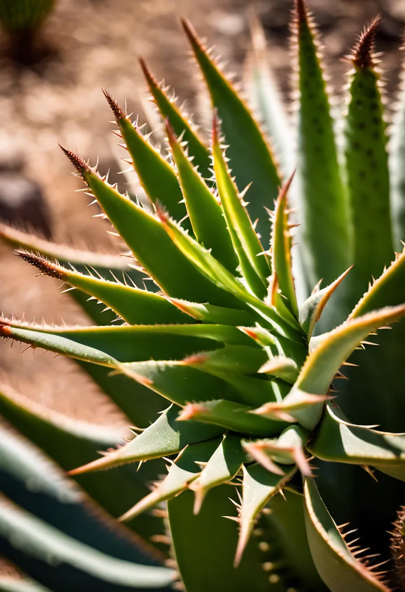 Close-up of an aloe vera plant with smooth leaves in the foreground and a spiny cactus in the background.