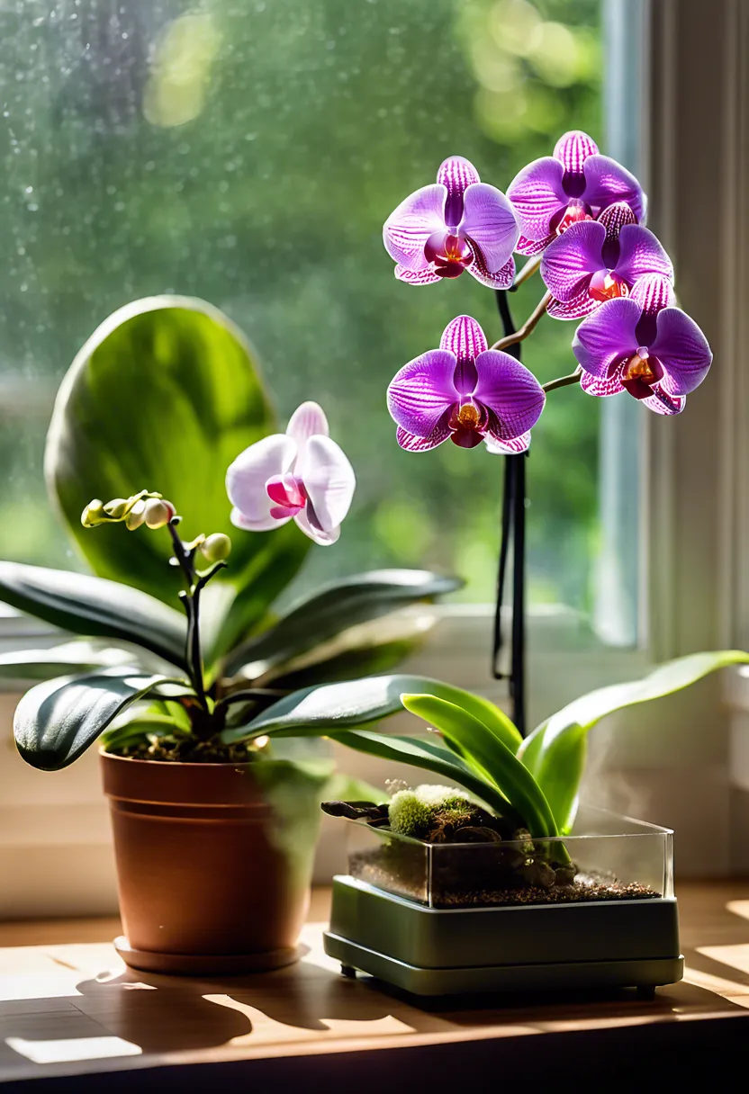 Phalaenopsis orchid in bloom on a window sill with a humidifier, thermometer, and hygrometer nearby.