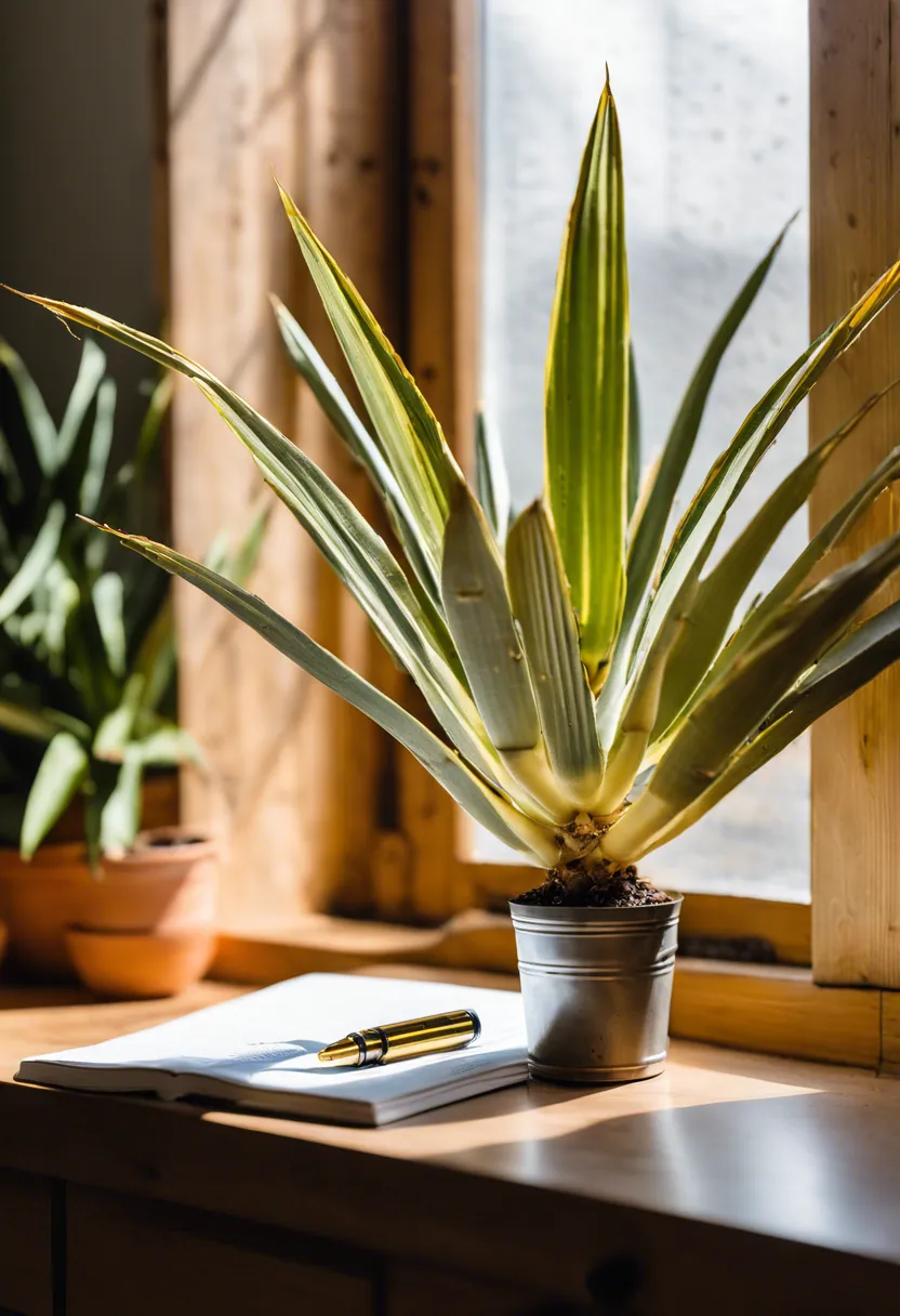 A yucca plant with yellow leaves is inspected with a magnifying glass, next to a moisture meter and notebook under soft light.