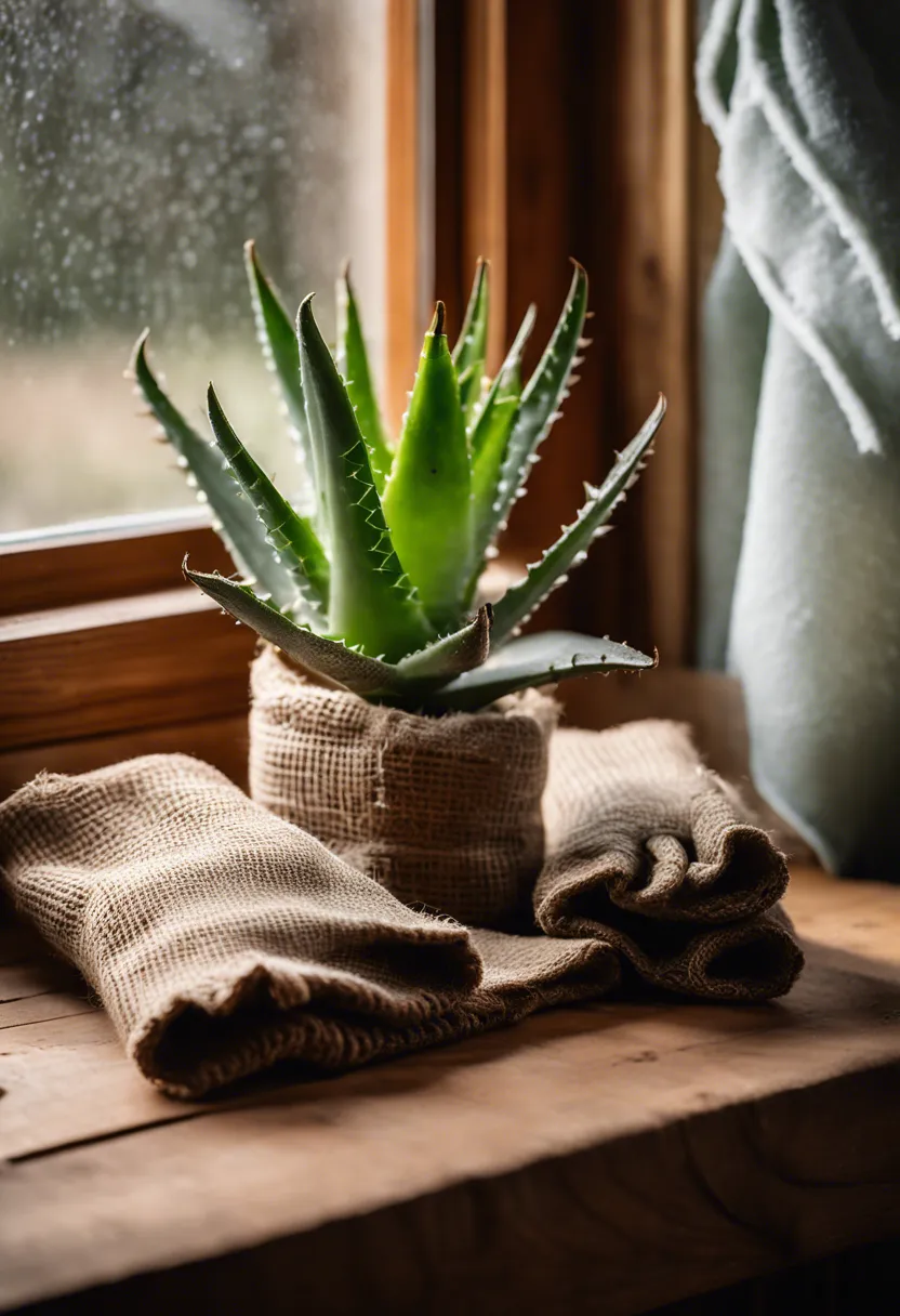 Aloe vera plant wrapped in burlap on a table near a frosty window, with gardening gloves, spade, and mulch.