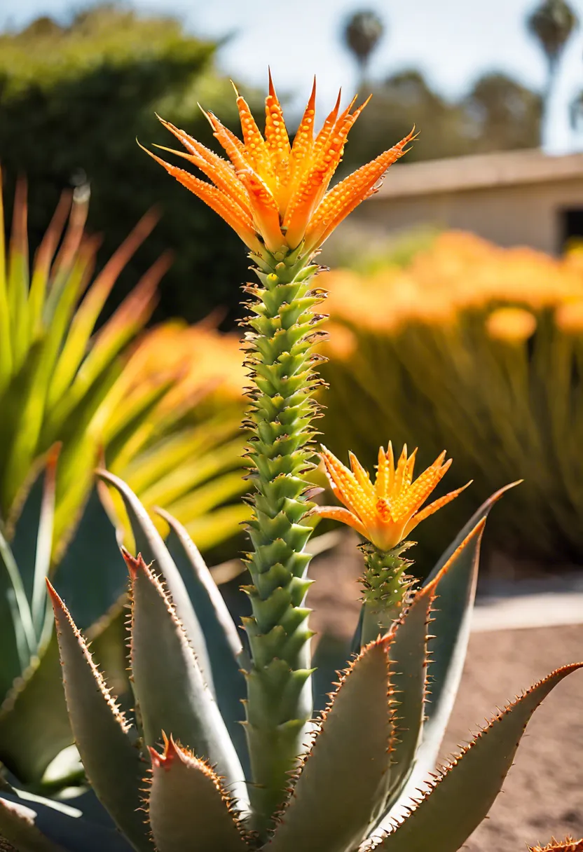 A mature aloe vera plant with a tall flower stalk and yellow flowers, surrounded by smaller aloes, in sunlight.