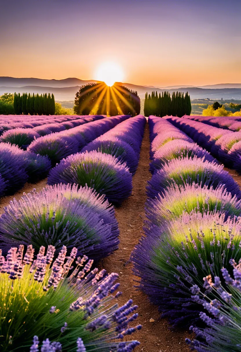 A serene lavender field at sunset, with a focus on one plant and gardening tools beside it.