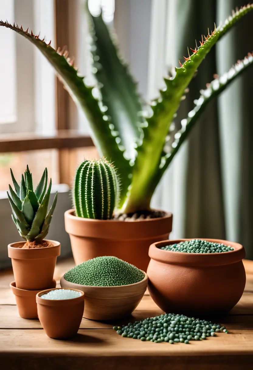 Aloe vera plant in a terracotta pot surrounded by various fertilizers on a wooden table, bathed in natural light.