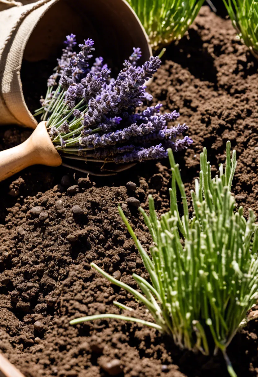 Healthy lavender plants in well-draining soil with a gardening trowel and organic compost bag to the side.