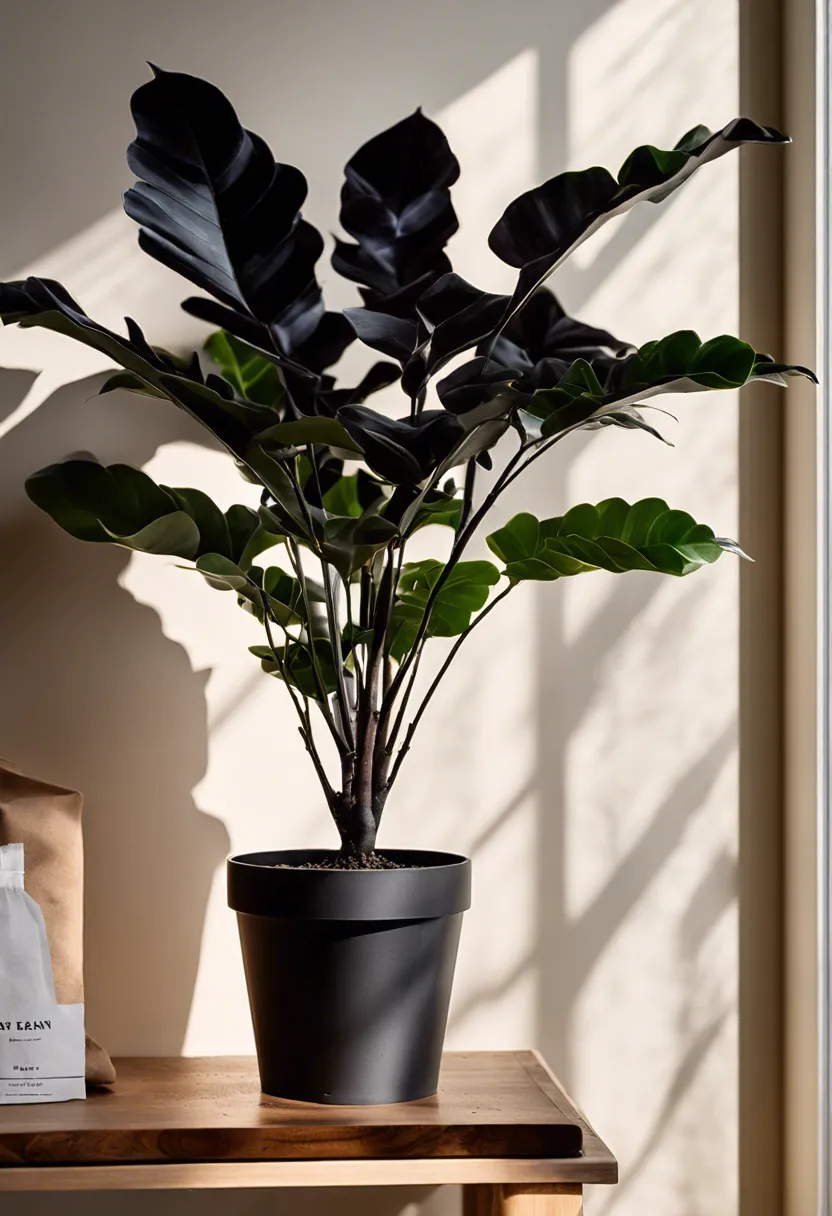 A Raven ZZ plant with dark leaves on a wooden stand, next to a spray bottle and potting mix, in a well-lit room.