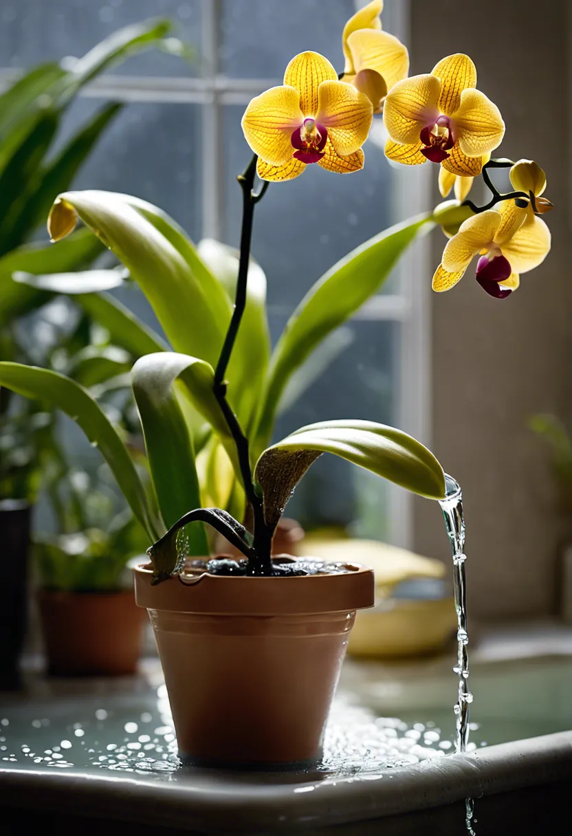 Orchid with yellow stem due to overwatering, surrounded by water droplets, near a half-filled watering can.