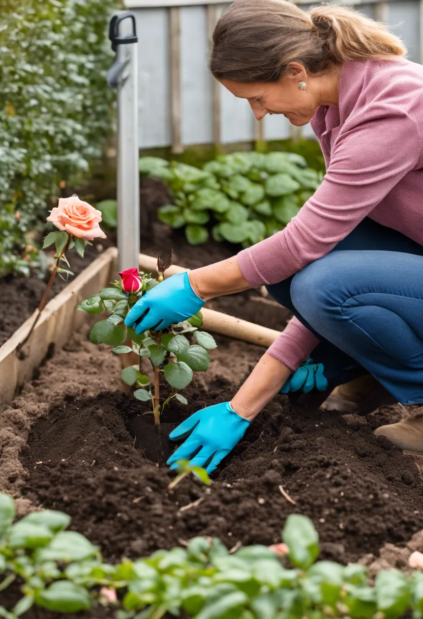Gardener kneels to plant a bare root rose, with gardening gloves, spade, and compost bag in the background.