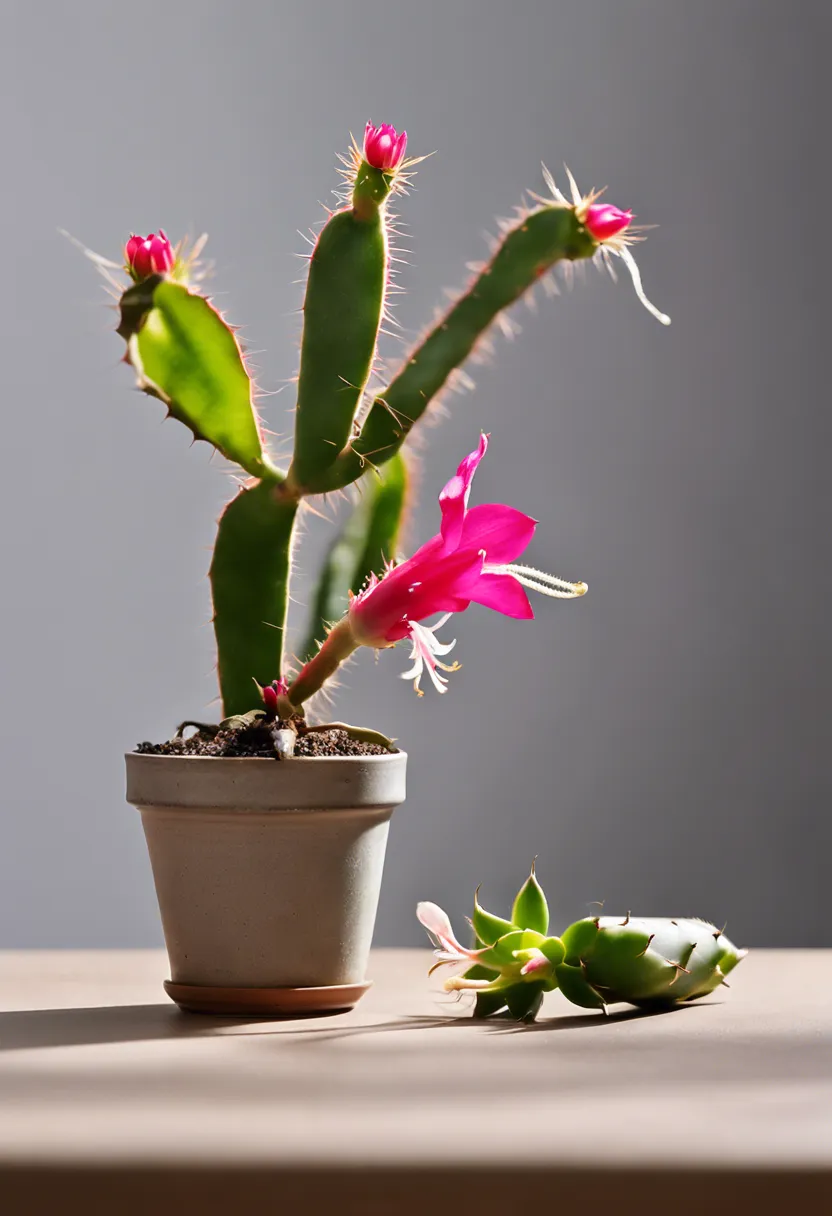 Christmas cactus with both fallen buds and healthy segments, beside a hygrometer and watering can.