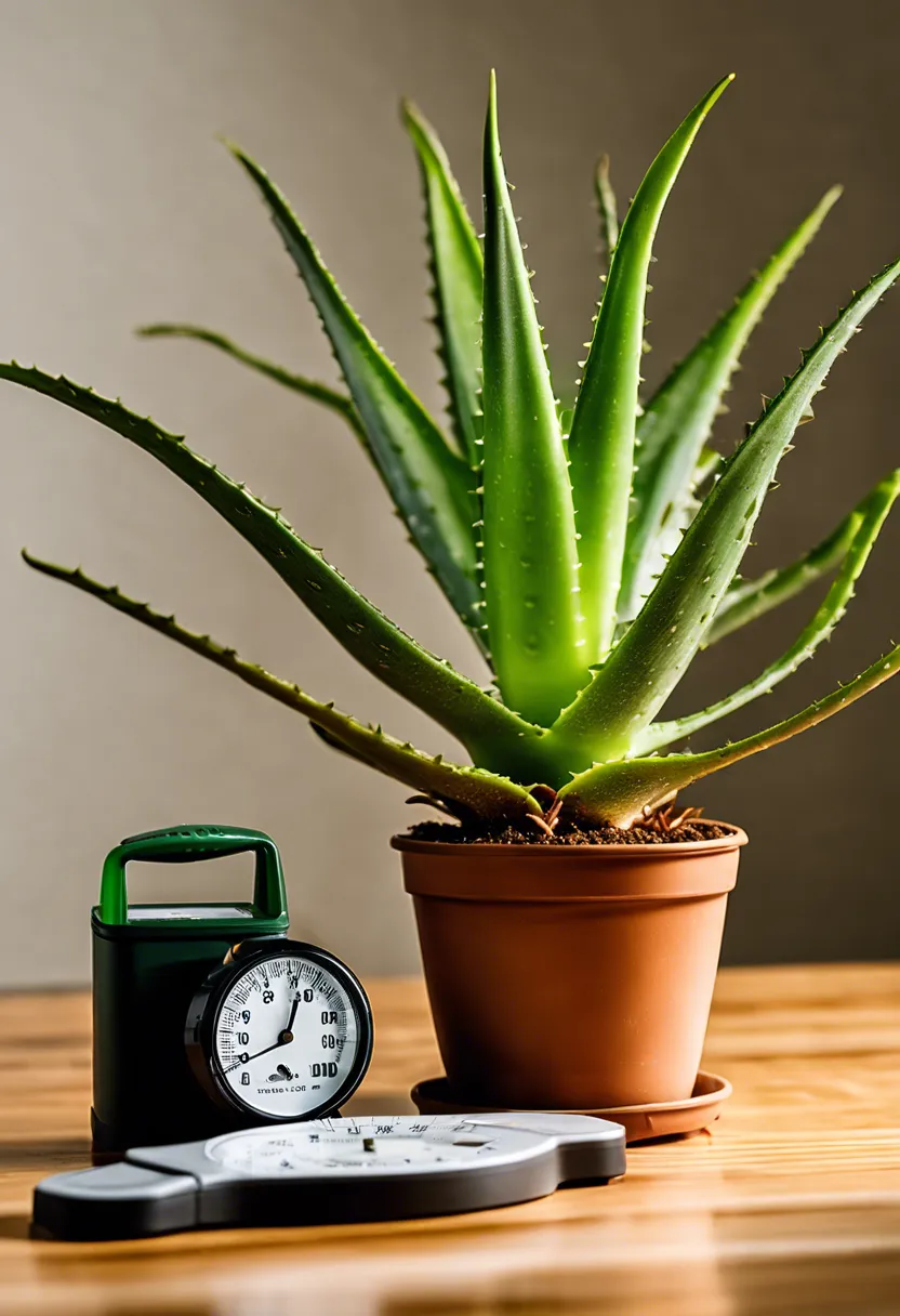 Aloe vera with soft, drooping leaves surrounded by a hygrometer, watering can, and soil mix, indicating care issues.