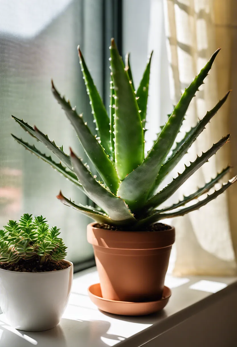 Aloe vera plant on a windowsill with indirect sunlight, near a humidity gauge and temperature monitor in a minimalist room.
