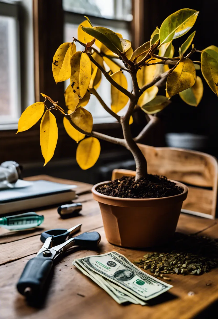 "Close-up of a wilting Money Tree on a wooden table with yellow and brown leaves, surrounded by care tools."