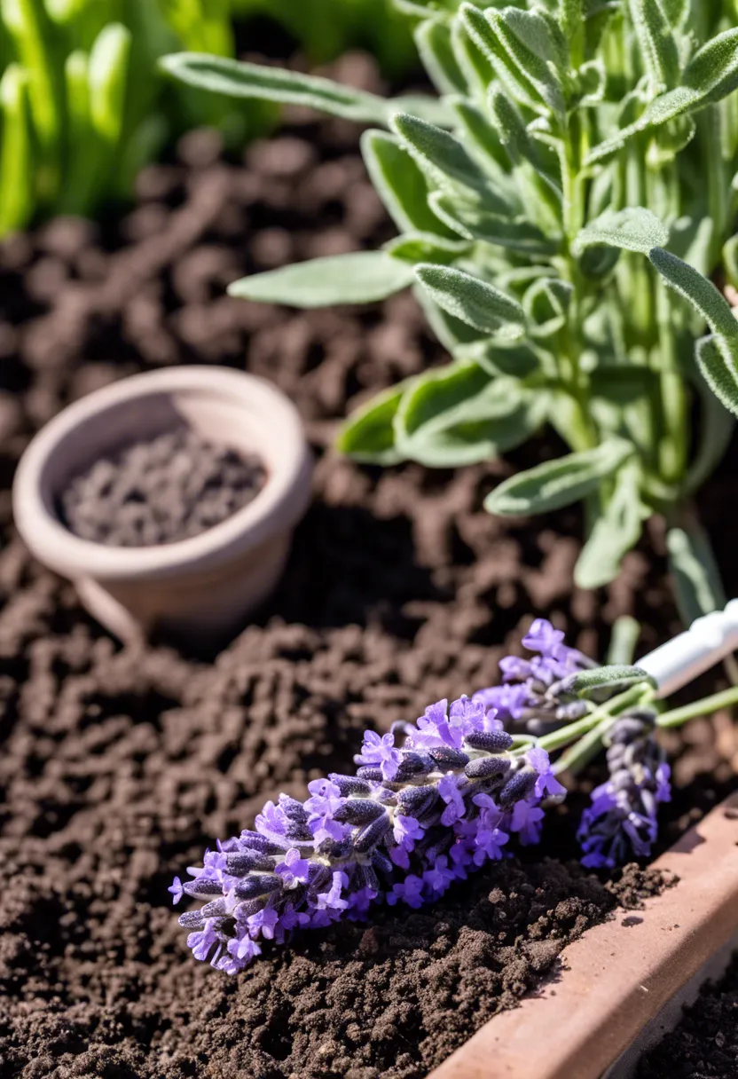 "A struggling lavender plant with sparse blooms and dull leaves, surrounded by a soil pH testing kit, compost, and fertilizer."