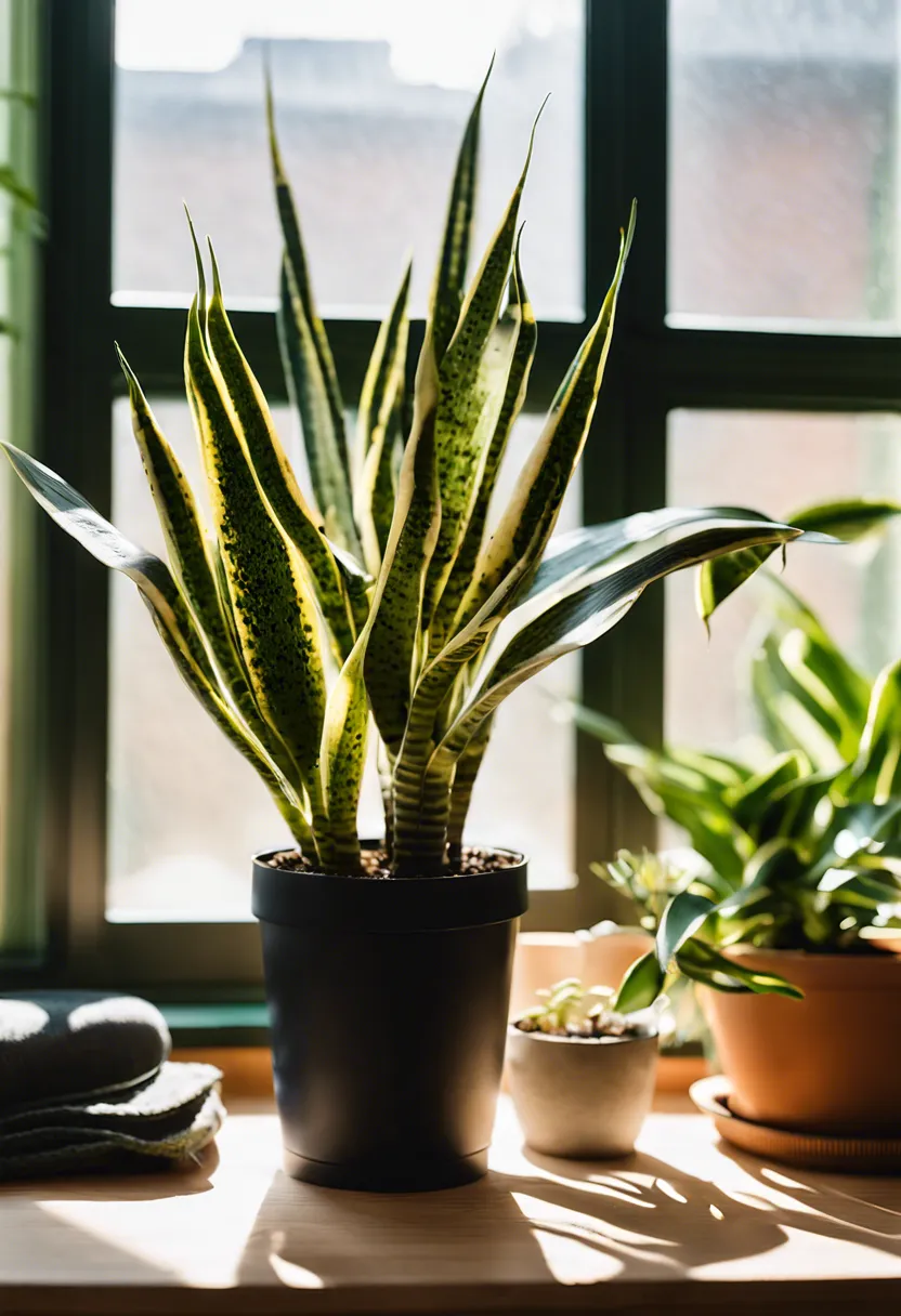Snake plant with blackened leaf sections, surrounded by gardening gloves, pruning tool, and fungicide in a well-lit room.