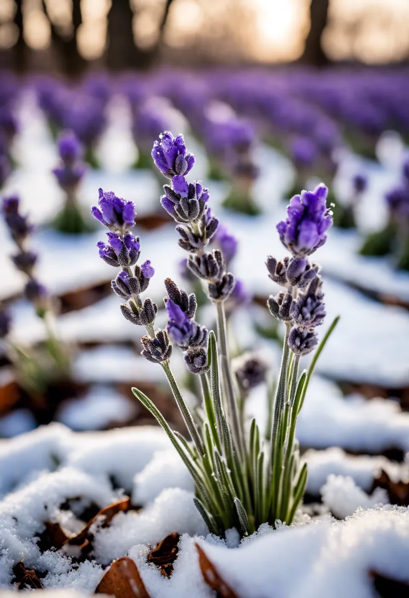 "Frost-damaged French lavender plant in a snowy garden, surrounded by mulch and bare trees, with a frosted garden thermometer in the background."