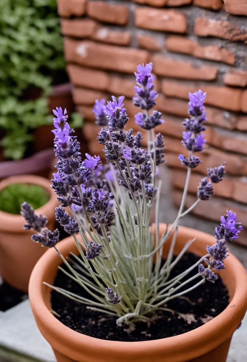 Lavender plant with browning signs in a terracotta pot, surrounded by gardening tools.