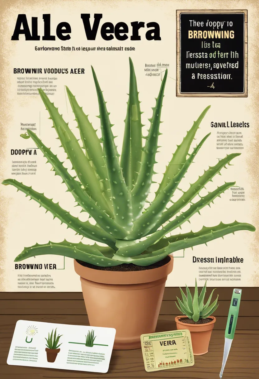 A distressed aloe vera with browning tips and droopy leaves on a table, surrounded by care guides and gardening tools.