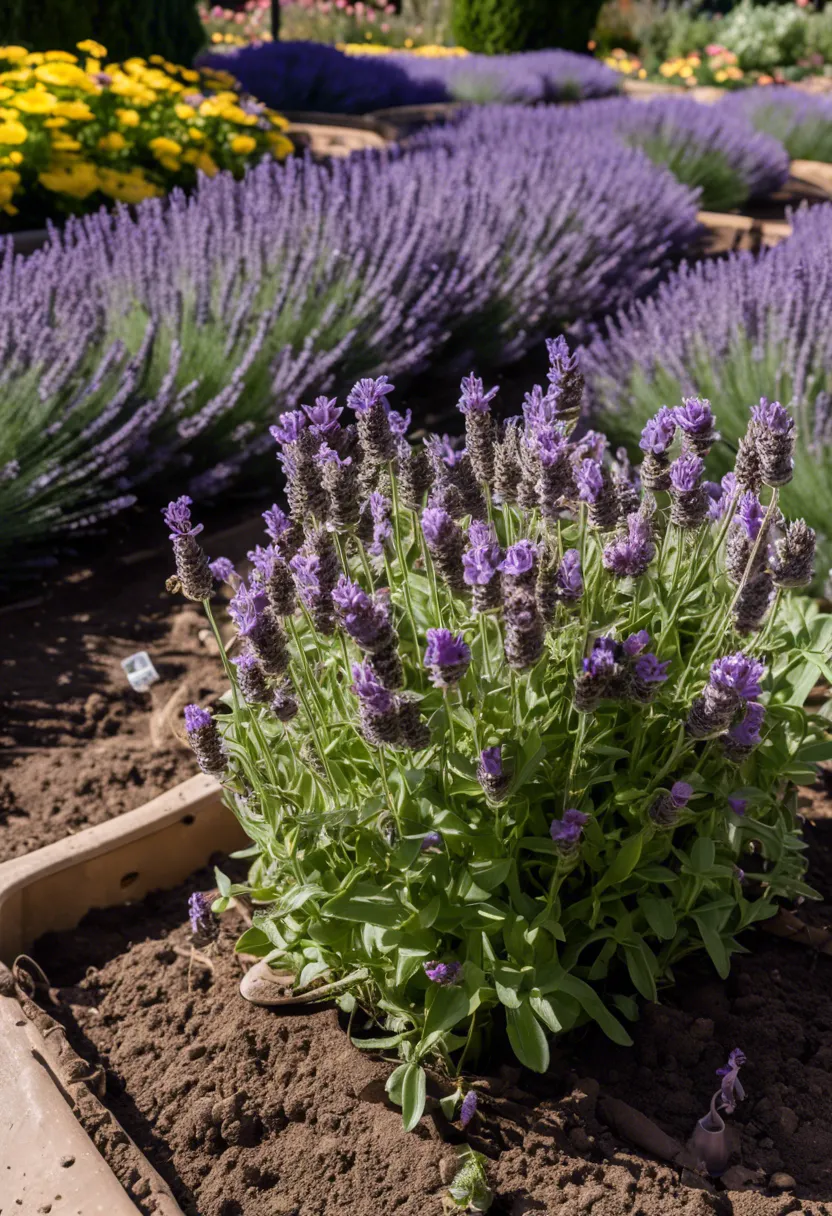 Wilting lavender plant with dry soil, a watering can, and fertilizer nearby in a garden.