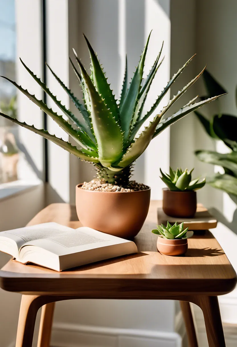 Aloe vera plant in a modern pot on a wooden table, with a watering can and gardening book nearby.