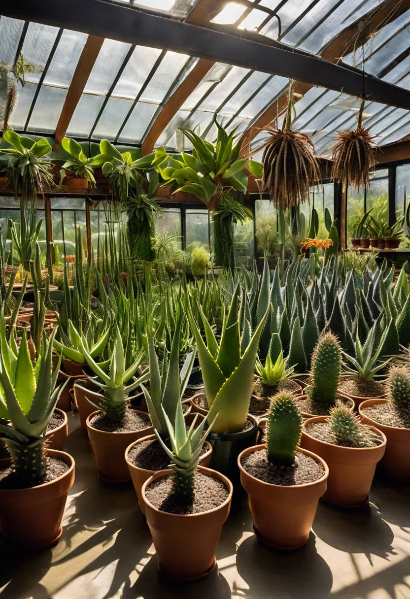 Diverse Aloe Vera varieties labeled and displayed in a sunlit greenhouse, showcasing their unique colors and shapes.