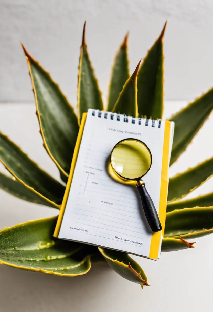 Aloe vera with yellow leaves under a magnifying glass, next to a notebook listing care tips on a clean background.