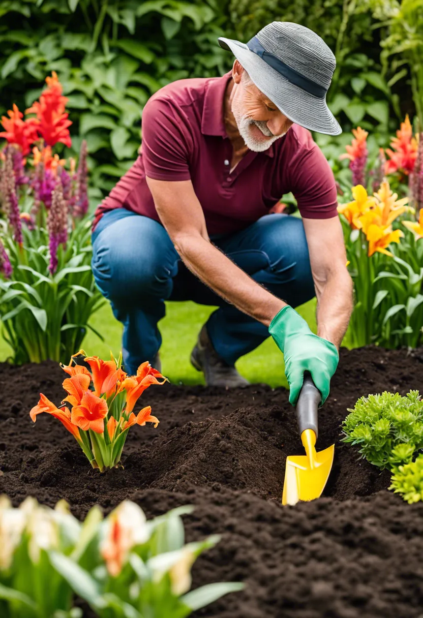 Gardener kneels on grass, arranging canna lily rhizomes for planting, with trowel and watering can nearby.