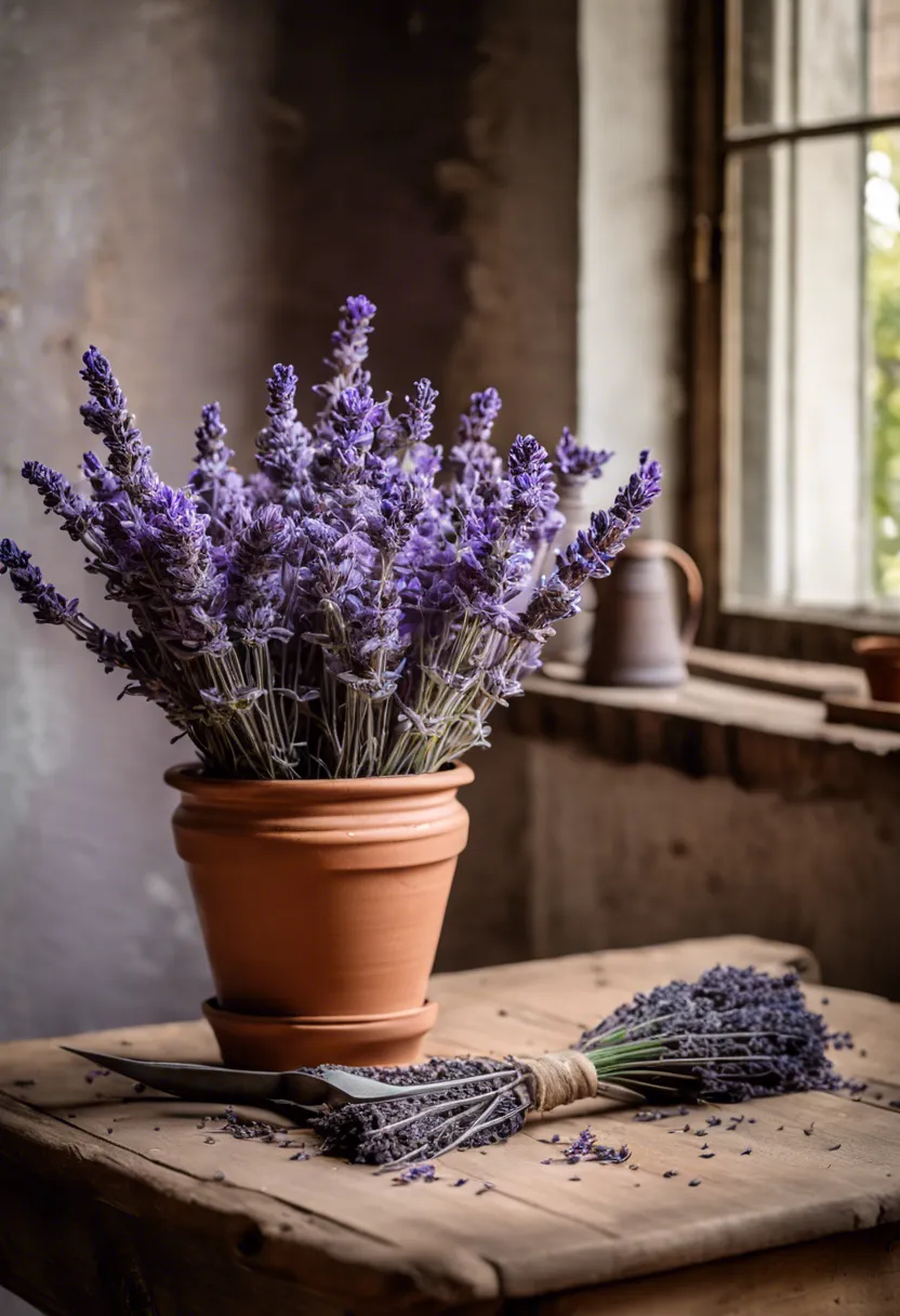 "A distressed lavender plant in a clay pot on a rustic table, surrounded by plant food, a watering can, and pruning shears."