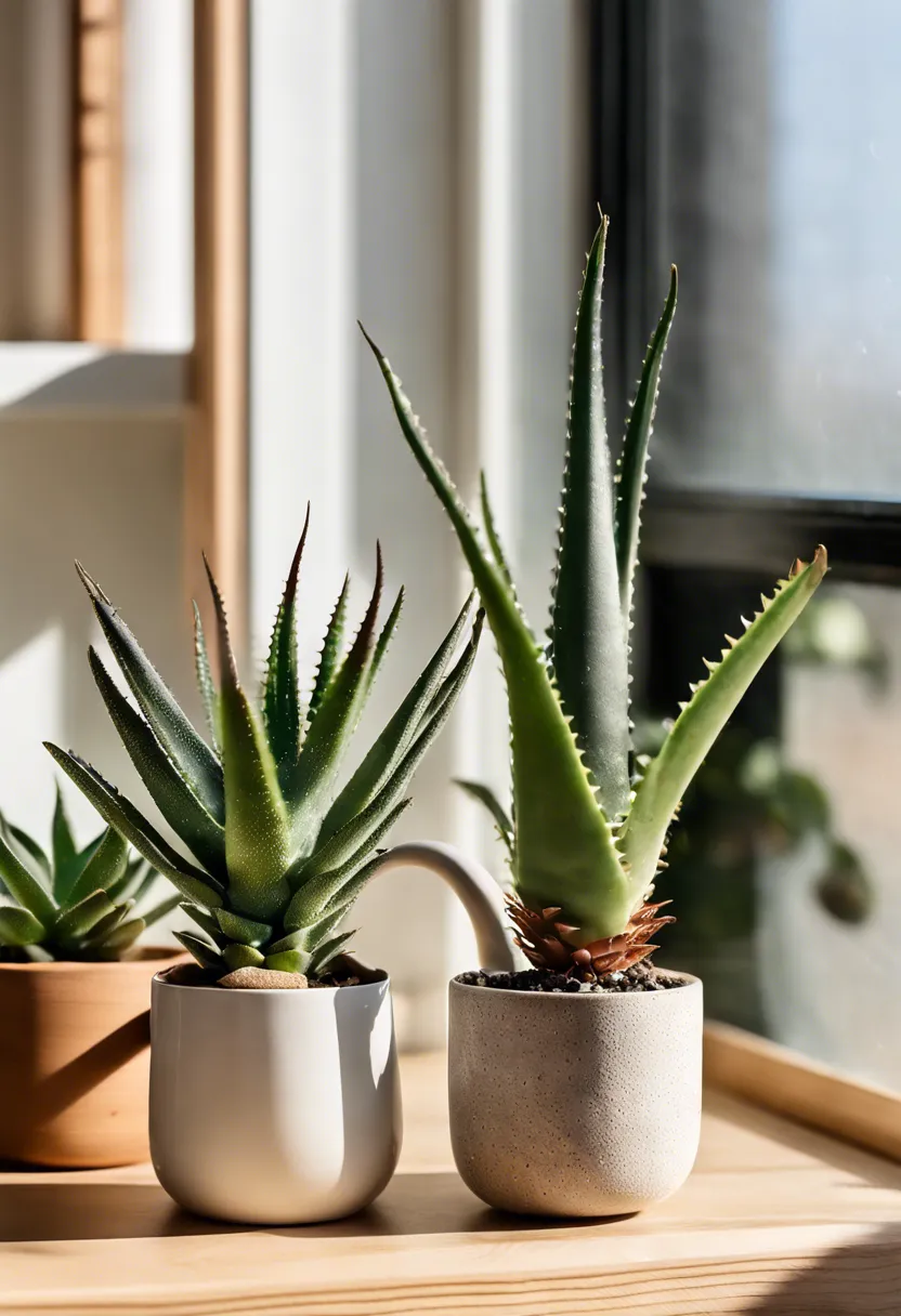 Aloe vera plant indoors on a shelf near a window and outdoors in a garden, showing adaptability.
