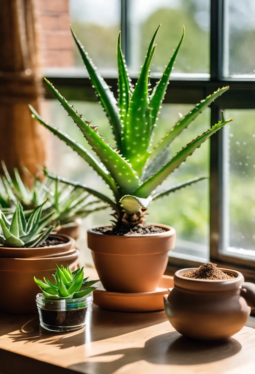 A healthy aloe vera plant on a wooden table near a window, with soil, a spray bottle, and fertilizer around it, highlighting care essentials.
