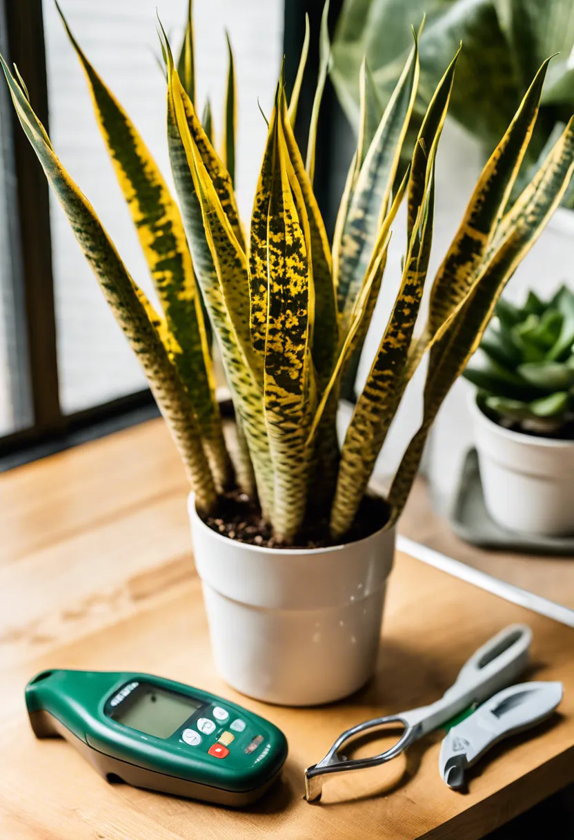 A snake plant with yellowing leaves beside gardening scissors and a moisture meter in a well-lit room.