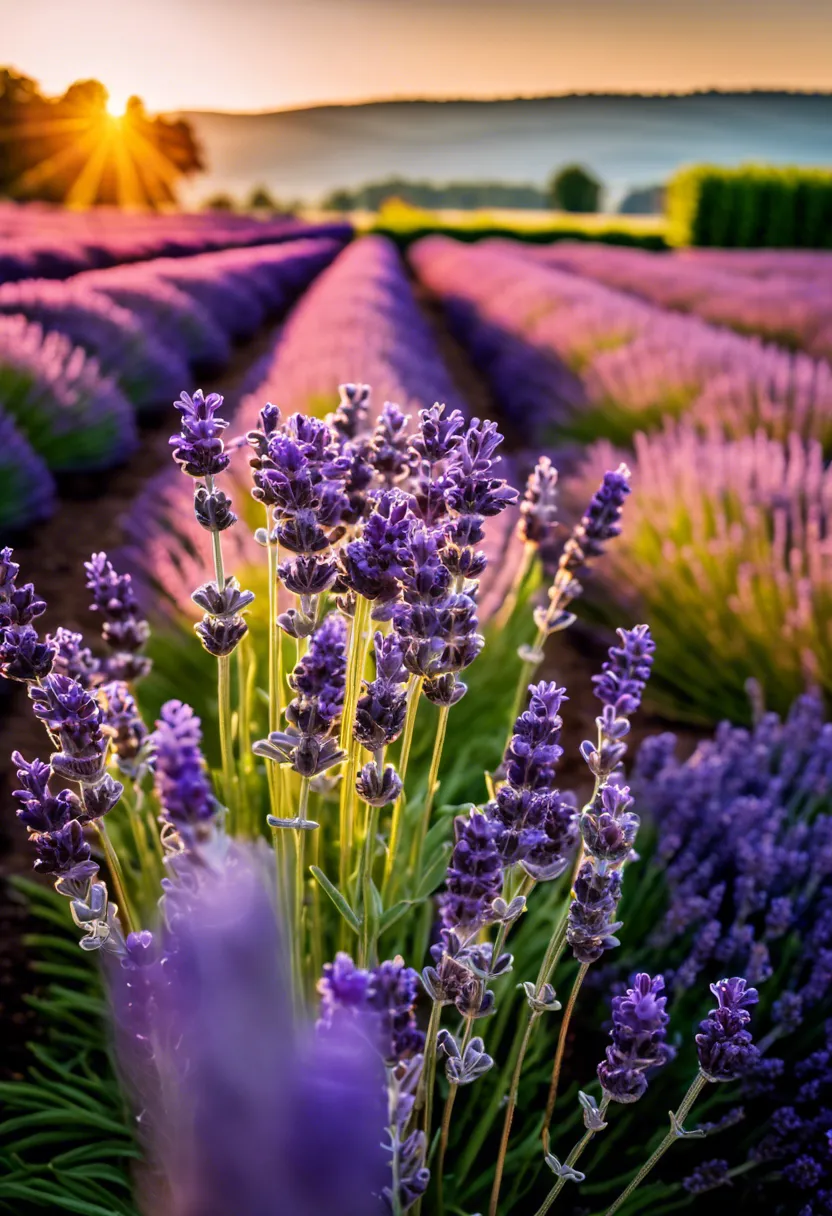 Sunset over a well-maintained lavender field with gardening tools in the foreground, highlighting vibrant blooms and care techniques.