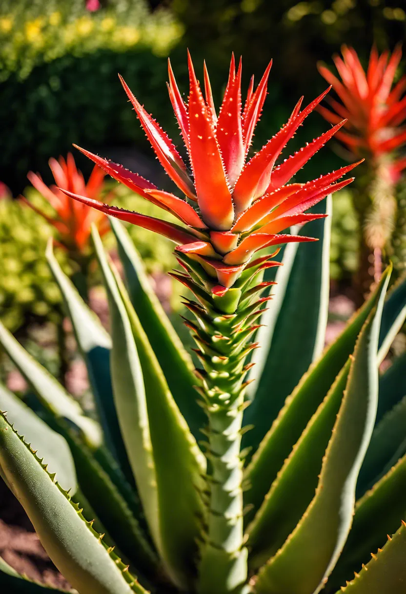 Aloe vera plant in bloom with tall flower spikes and thick green leaves in a sunlit garden.