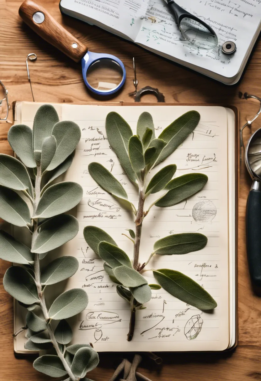 Close-up of a sage plant with brown spots on leaves, surrounded by gardening tools and an open notebook on a wooden table.