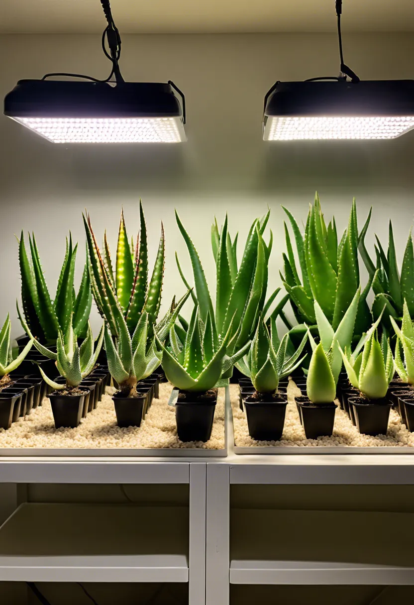 Aloe vera plants under varying light conditions, with a light meter and timer, showing different health states.