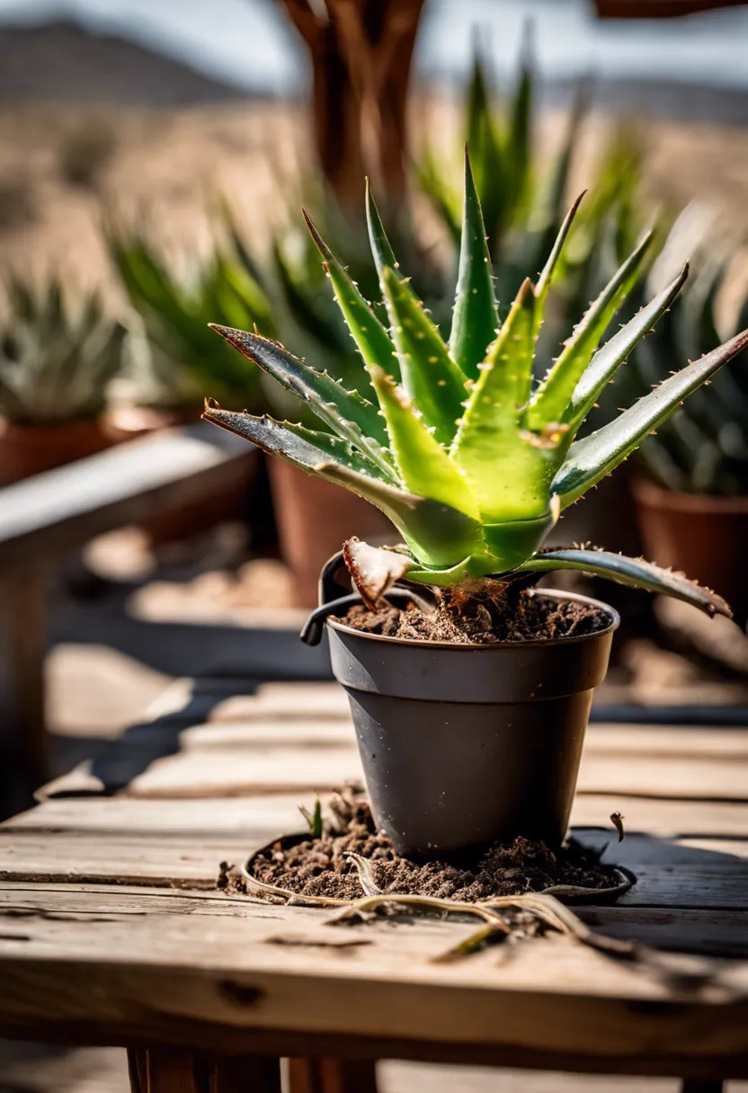 "Close-up of a wilting aloe vera plant with browning tips and shriveled leaves on a wooden table, next to an overfilled watering can."