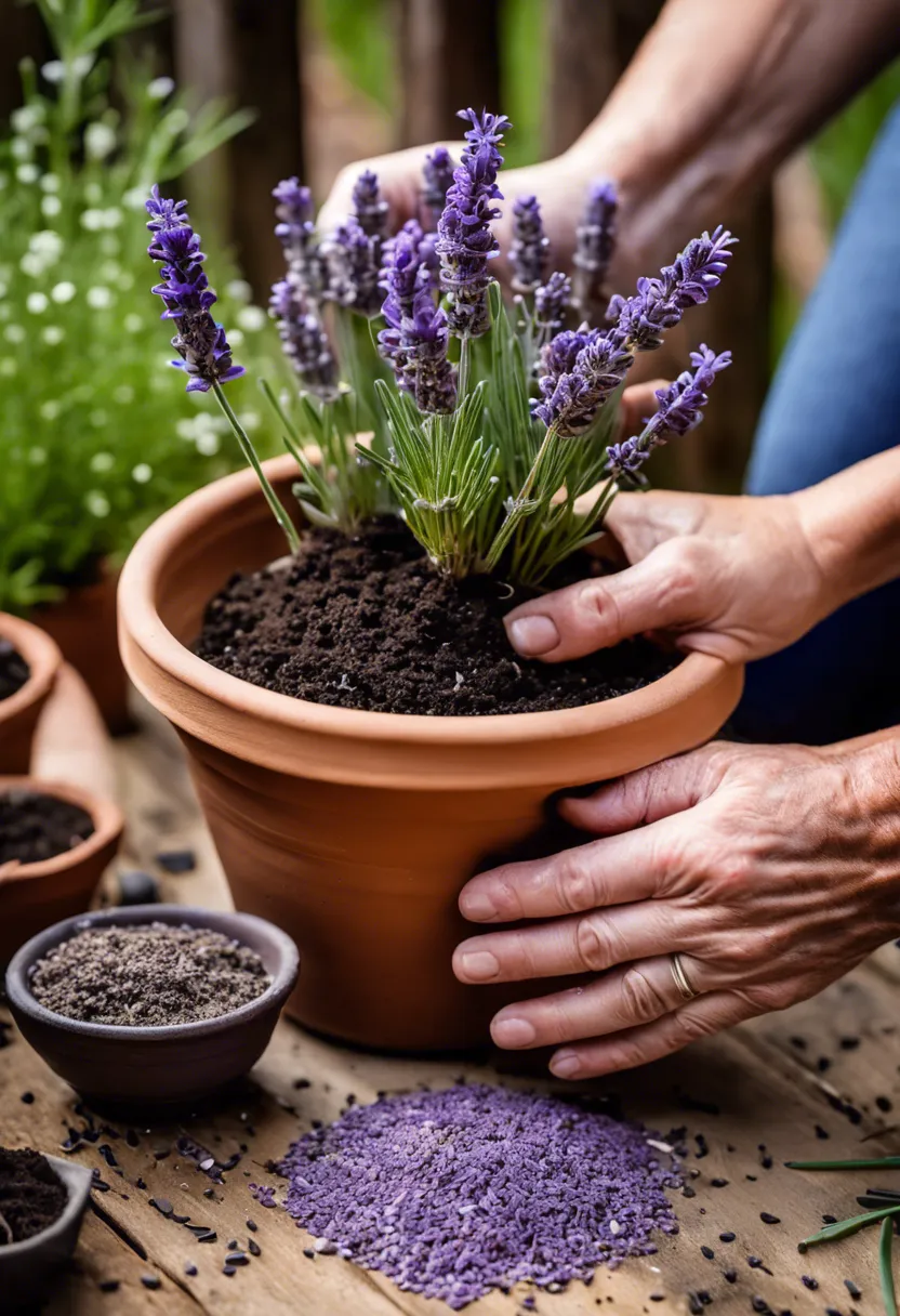 Hands potting a French lavender in a clay pot on a wooden table with gardening tools and compost around, in a sunny garden setting.