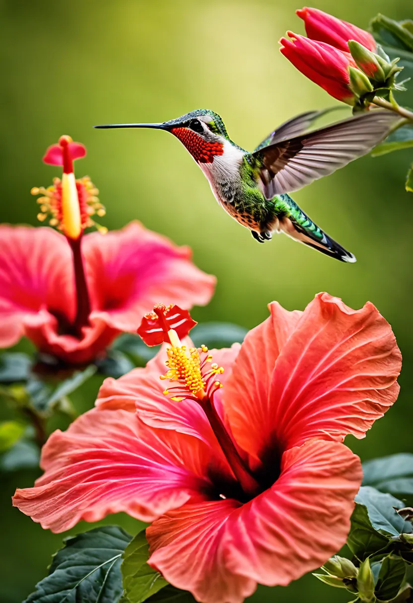 "Hummingbird mid-flight approaching a vibrant red hibiscus flower in a blurred green garden setting."