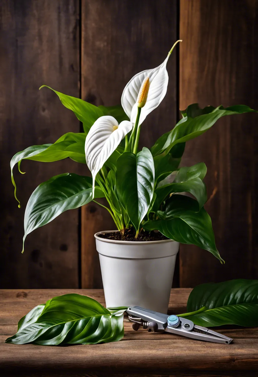 "A distressed peace lily with drooping leaves and browning tips on a wooden table, surrounded by a moisture meter, plant food, and pruning shears."