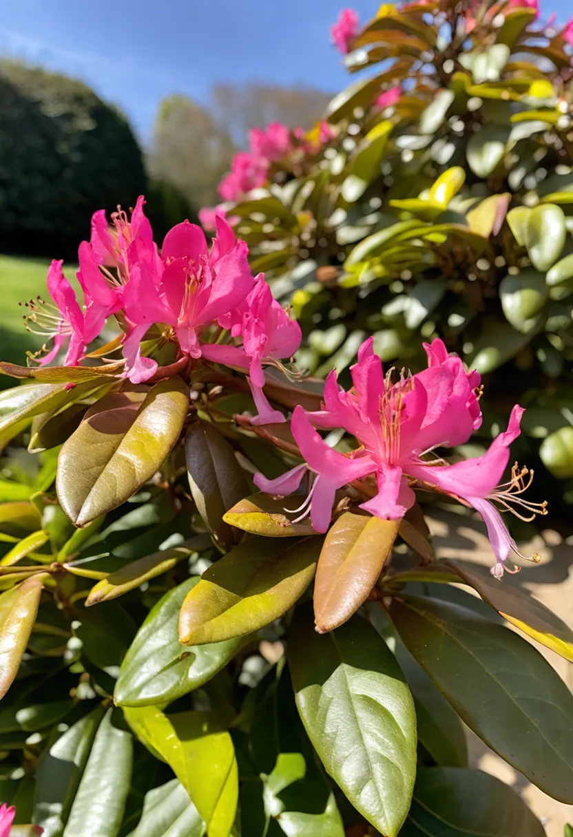 "Close-up of a nutrient-deficient rhododendron plant with wilted blooms and discolored leaves, soil testing kit and supplements nearby."