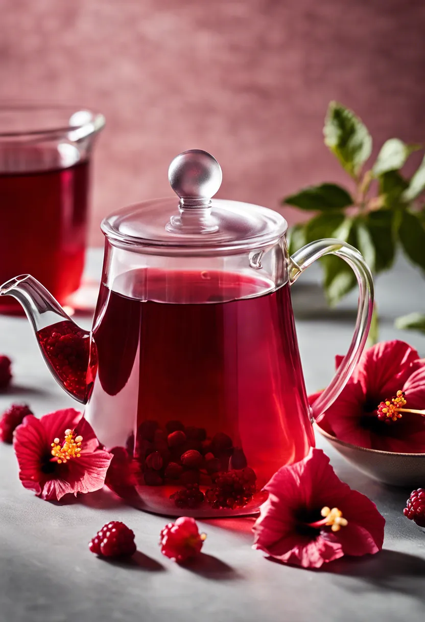 "Close-up of a glass teapot filled with deep red berry hibiscus tea, surrounded by fresh flowers and berries, against a light background."